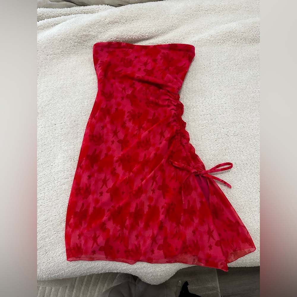 Red Floral Strapless Dress